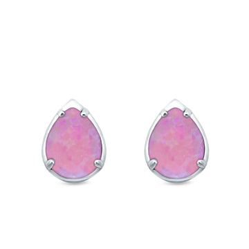 Solitaire Teardrop Pear Stud Earrings Lab Created Pink Opal 925 Sterling Silver